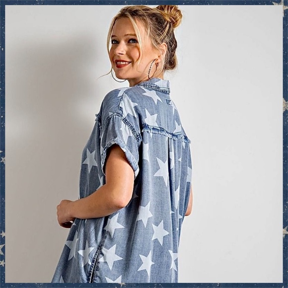 EASEL "Twinkle Star" Lightweight Cotton Denim Shirt Dress Button Up W/ Raw Seams - Picture 7 of 16